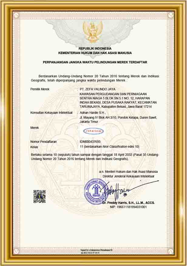 Merek ZEFATECH telah resmi terdaftar dan dilindungi oleh Kementerian Hukum dan Hak Asasi Manusia Republik Indonesia, dan digunakan sebagai identitas produk untuk proyek sistem water & wastewater treatment, chemical, serta filter udara yang kami sediakan.
